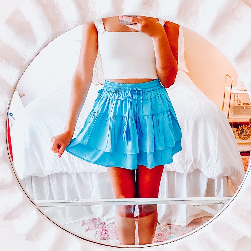 Blue ruffle satin skort